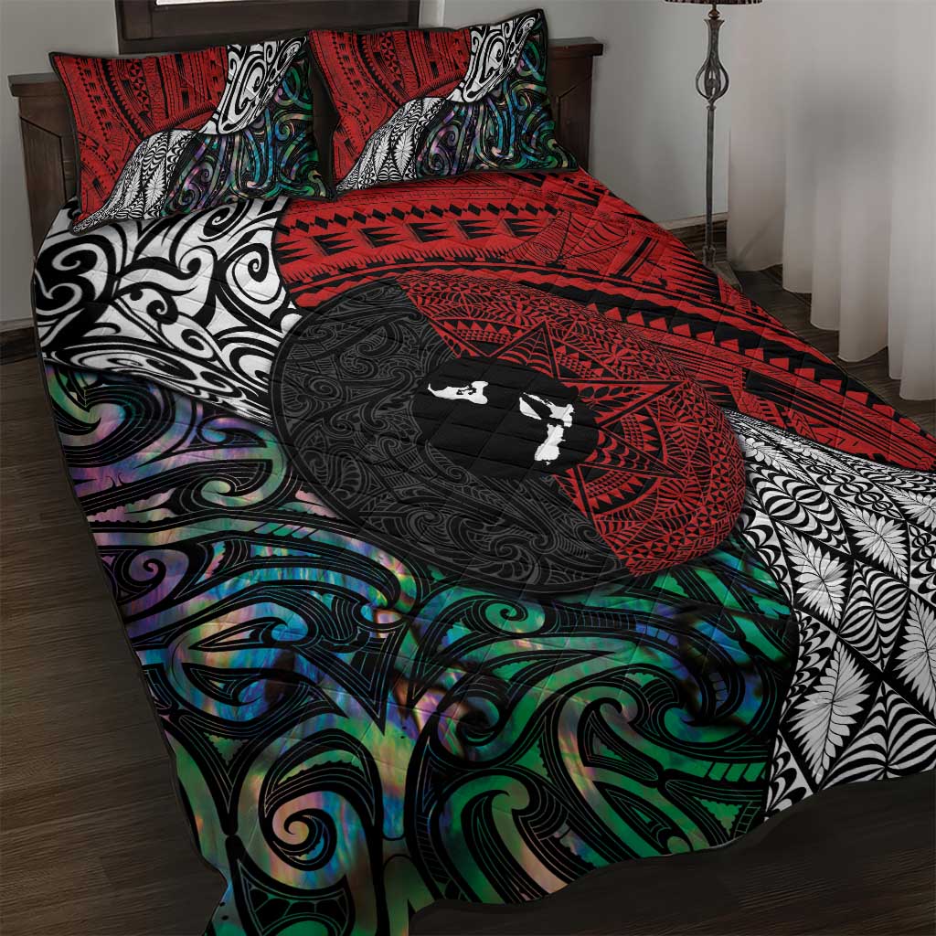 Tonga and New Zealand Together Quilt Bed Set Tongan Kupesi Ngatu Tattoo and Maori Paua Shell Pattern LT03 Black - Polynesian Pride