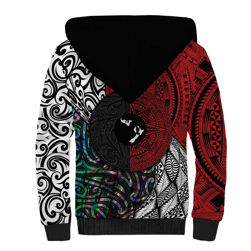 Tonga and New Zealand Together Sherpa Hoodie Tongan Kupesi Ngatu Tattoo and Maori Paua Shell Pattern LT03 - Polynesian Pride