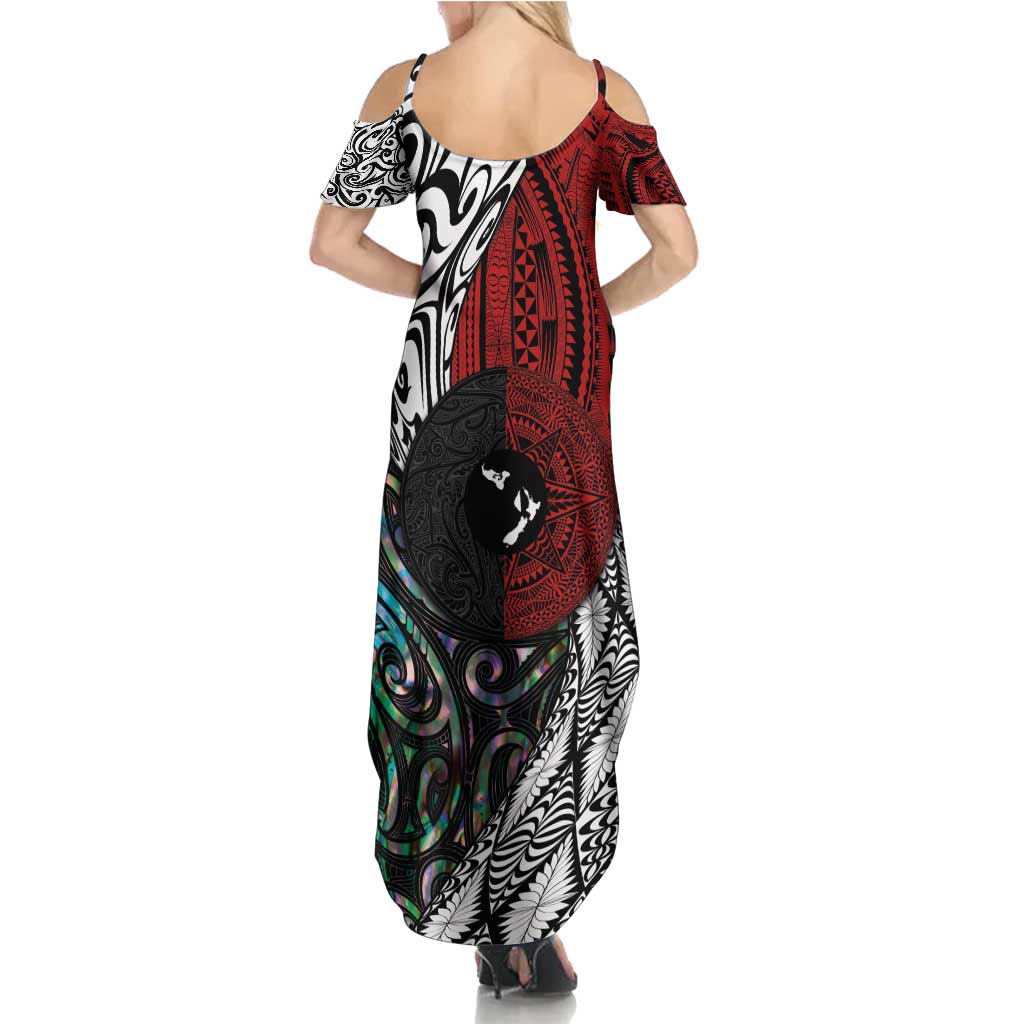 Tonga and New Zealand Together Summer Maxi Dress Tongan Kupesi Ngatu Tattoo and Maori Paua Shell Pattern