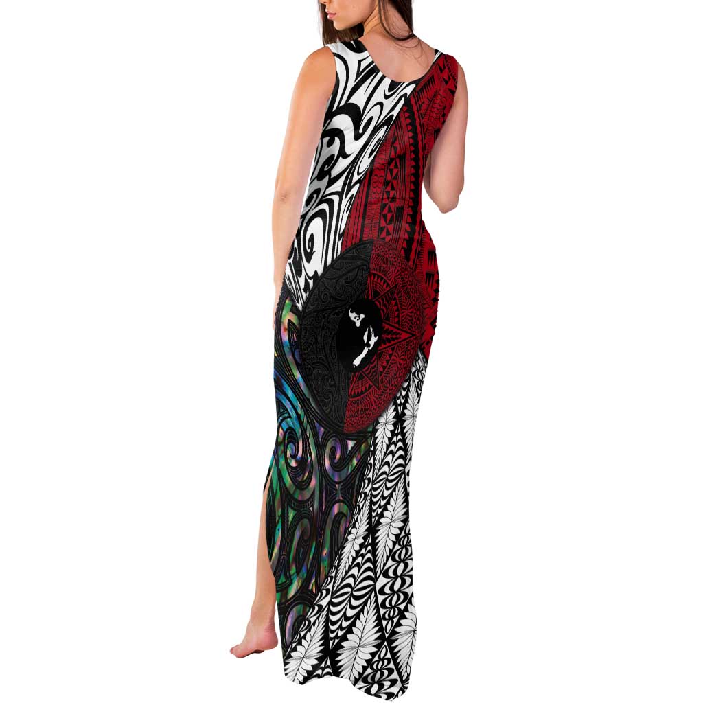 Tonga and New Zealand Together Tank Maxi Dress Tongan Kupesi Ngatu Tattoo and Maori Paua Shell Pattern LT03 - Polynesian Pride