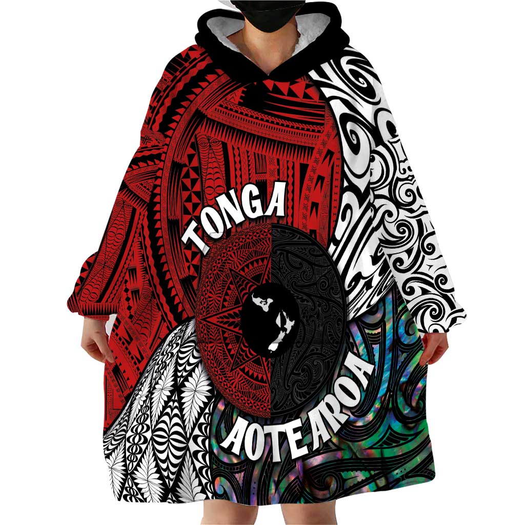 Tonga and New Zealand Together Wearable Blanket Hoodie Tongan Kupesi Ngatu Tattoo and Maori Paua Shell Pattern LT03 - Polynesian Pride