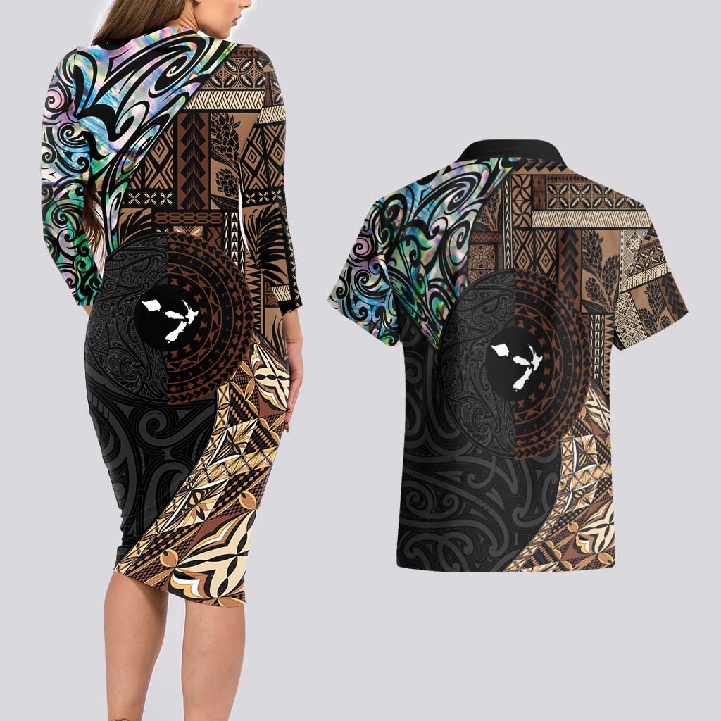 Samoa and New Zealand Together Couples Matching Long Sleeve Bodycon Dress and Hawaiian Shirt Siapo Motif and Maori Paua Shell Pattern LT03 - Polynesian Pride