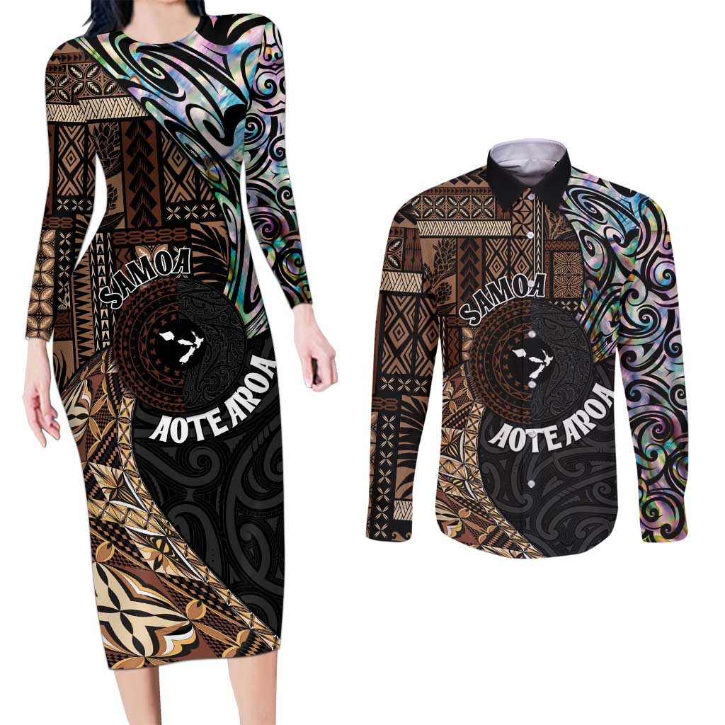 Samoa and New Zealand Together Couples Matching Long Sleeve Bodycon Dress and Long Sleeve Button Shirt Siapo Motif and Maori Paua Shell Pattern LT03 Black - Polynesian Pride