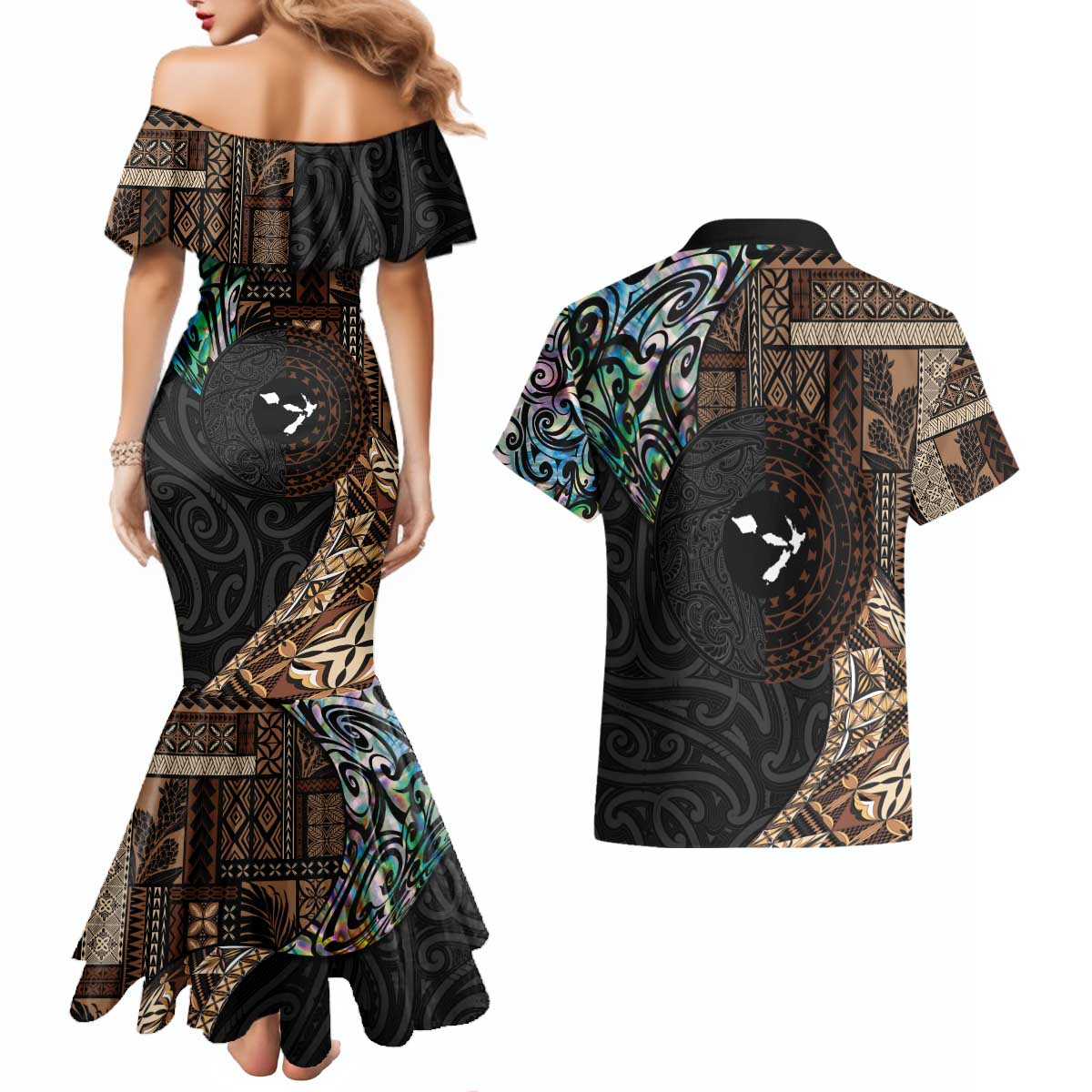 Samoa and New Zealand Together Couples Matching Mermaid Dress and Hawaiian Shirt Siapo Motif and Maori Paua Shell Pattern LT03 - Polynesian Pride
