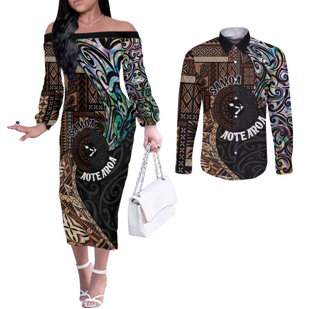 Samoa and New Zealand Together Couples Matching Off The Shoulder Long Sleeve Dress and Long Sleeve Button Shirt Siapo Motif and Maori Paua Shell Pattern LT03 Black - Polynesian Pride
