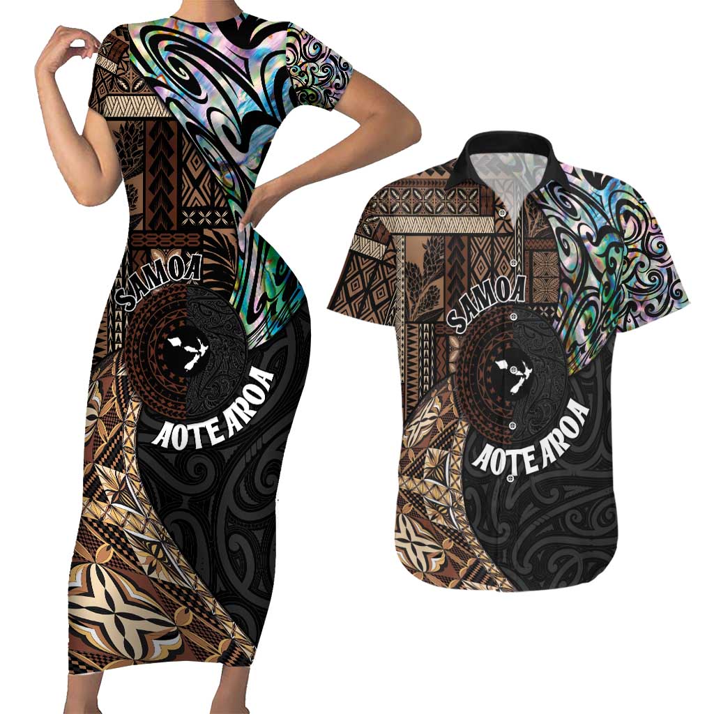 Samoa and New Zealand Together Couples Matching Short Sleeve Bodycon Dress and Hawaiian Shirt Siapo Motif and Maori Paua Shell Pattern LT03 Black - Polynesian Pride