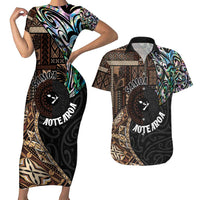 Samoa and New Zealand Together Couples Matching Short Sleeve Bodycon Dress and Hawaiian Shirt Siapo Motif and Maori Paua Shell Pattern LT03 Black - Polynesian Pride