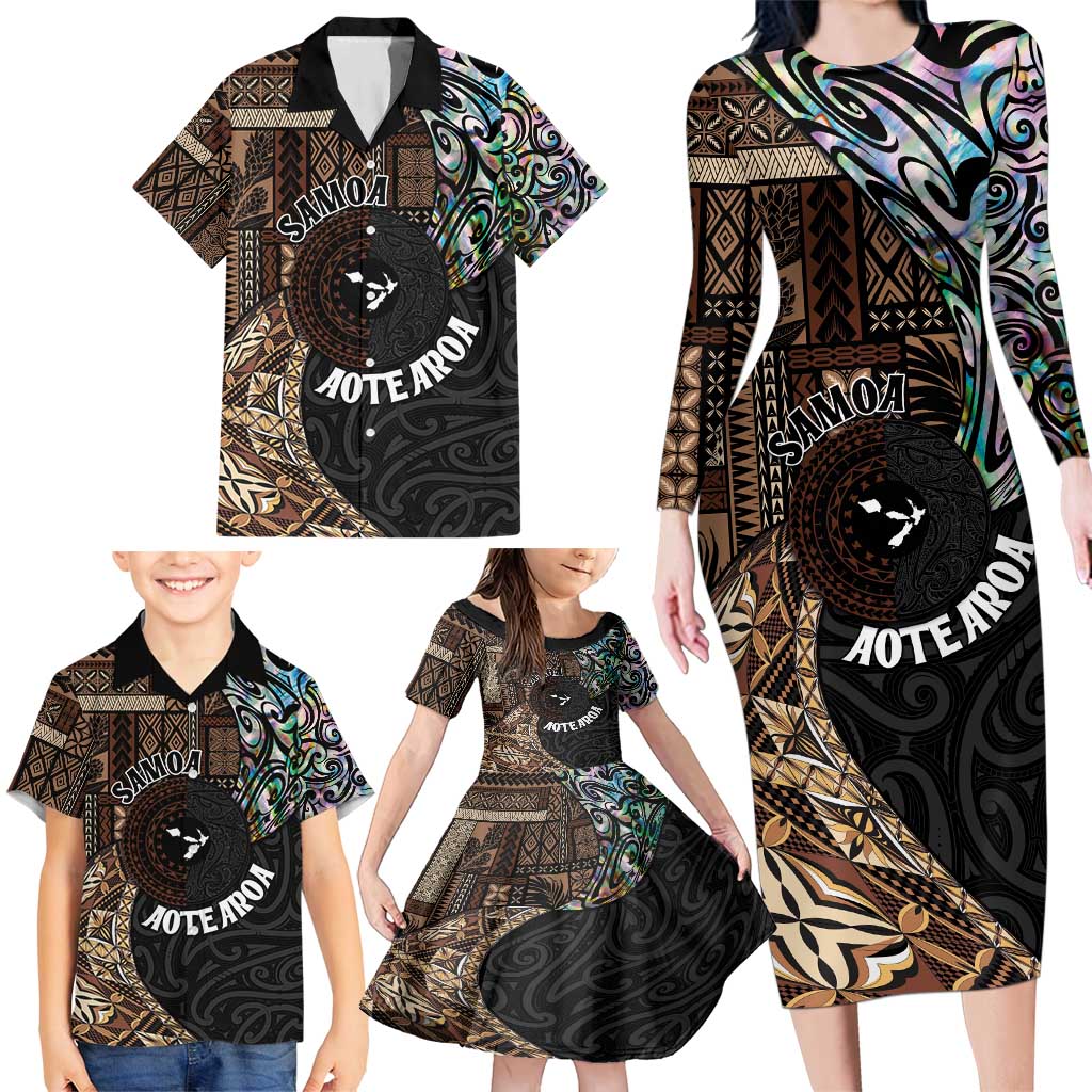 Samoa and New Zealand Together Family Matching Long Sleeve Bodycon Dress and Hawaiian Shirt Siapo Motif and Maori Paua Shell Pattern LT03 - Polynesian Pride
