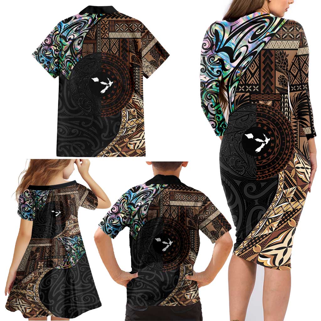 Samoa and New Zealand Together Family Matching Long Sleeve Bodycon Dress and Hawaiian Shirt Siapo Motif and Maori Paua Shell Pattern LT03 - Polynesian Pride