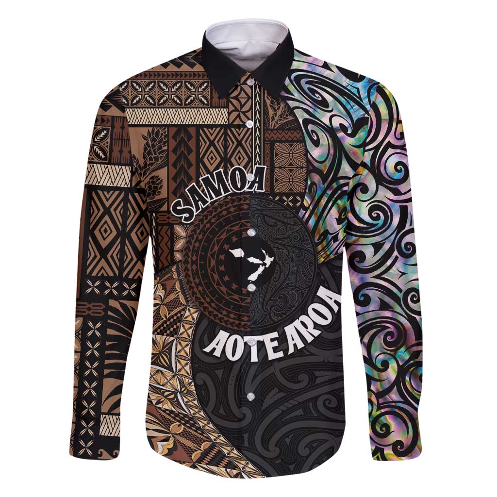Samoa and New Zealand Together Family Matching Long Sleeve Bodycon Dress and Hawaiian Shirt Siapo Motif and Maori Paua Shell Pattern LT03 Dad's Shirt - Long Sleeve Black - Polynesian Pride