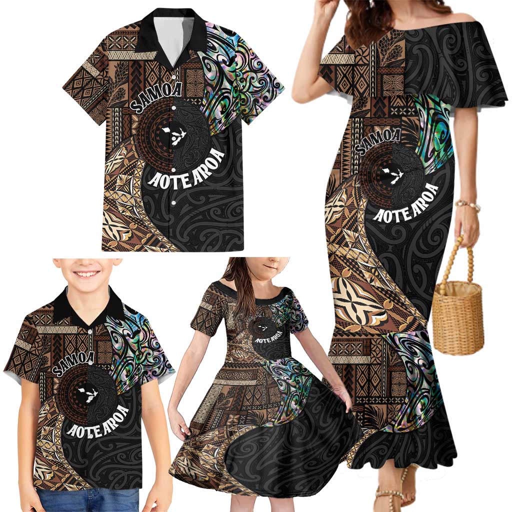 Samoa and New Zealand Together Family Matching Mermaid Dress and Hawaiian Shirt Siapo Motif and Maori Paua Shell Pattern LT03 - Polynesian Pride