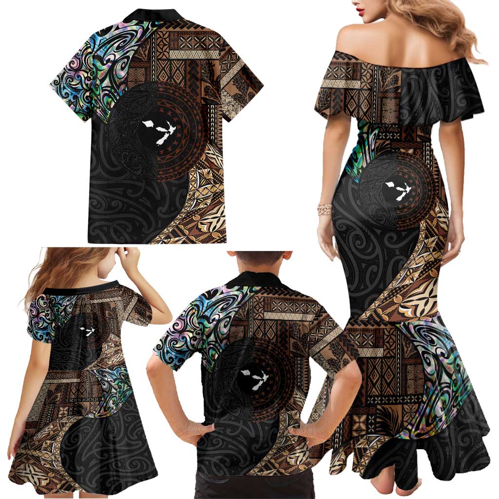 Samoa and New Zealand Together Family Matching Mermaid Dress and Hawaiian Shirt Siapo Motif and Maori Paua Shell Pattern LT03 - Polynesian Pride