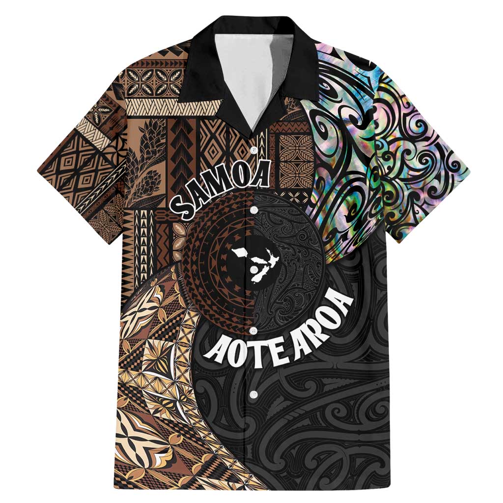 Samoa and New Zealand Together Family Matching Mermaid Dress and Hawaiian Shirt Siapo Motif and Maori Paua Shell Pattern LT03 Dad's Shirt - Short Sleeve Black - Polynesian Pride