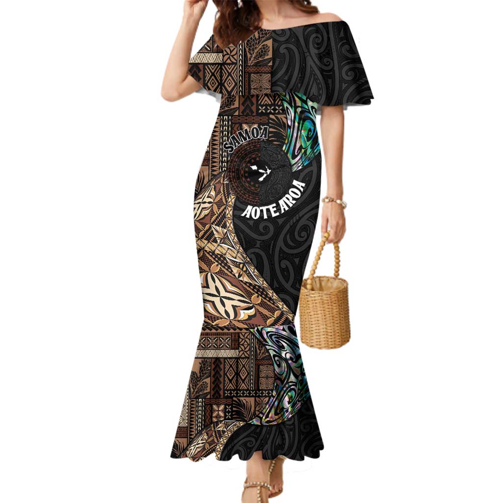 Samoa and New Zealand Together Family Matching Mermaid Dress and Hawaiian Shirt Siapo Motif and Maori Paua Shell Pattern LT03 Mom's Dress Black - Polynesian Pride
