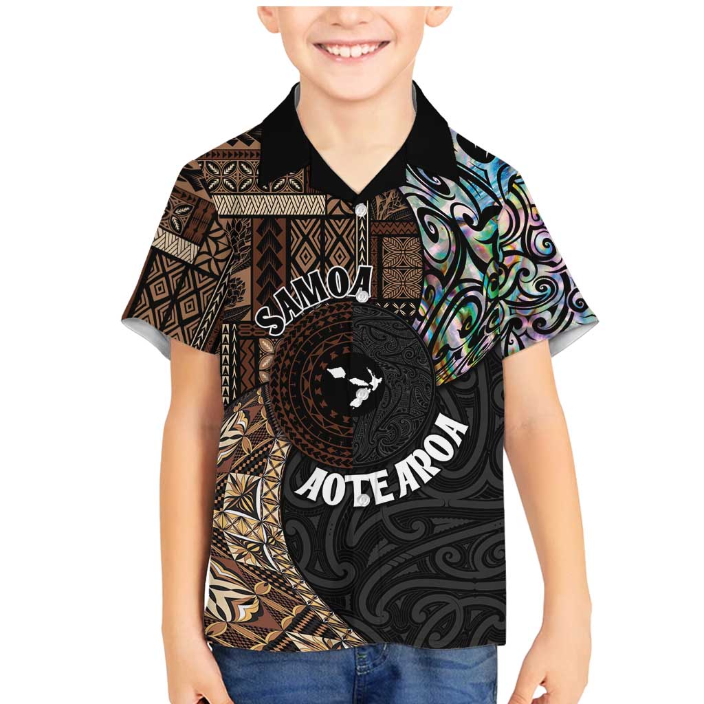 Samoa and New Zealand Together Family Matching Mermaid Dress and Hawaiian Shirt Siapo Motif and Maori Paua Shell Pattern LT03 Son's Shirt Black - Polynesian Pride
