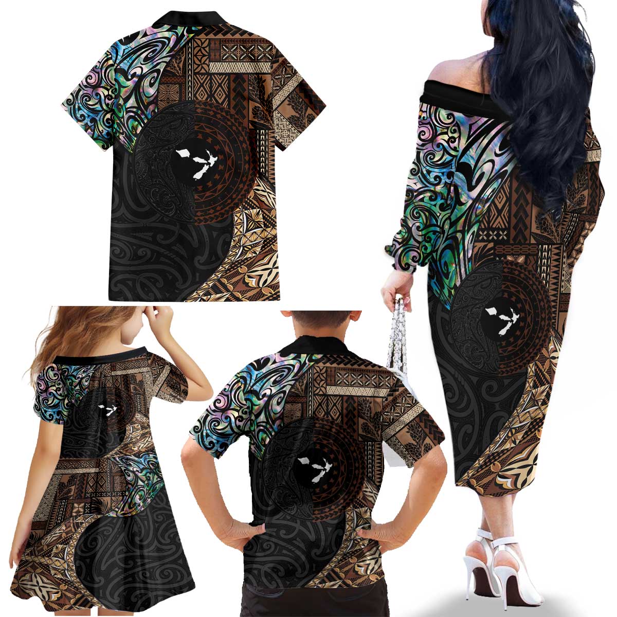 Samoa and New Zealand Together Family Matching Off The Shoulder Long Sleeve Dress and Hawaiian Shirt Siapo Motif and Maori Paua Shell Pattern LT03 - Polynesian Pride