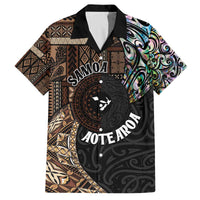 Samoa and New Zealand Together Family Matching Off The Shoulder Long Sleeve Dress and Hawaiian Shirt Siapo Motif and Maori Paua Shell Pattern LT03 Dad's Shirt - Short Sleeve Black - Polynesian Pride