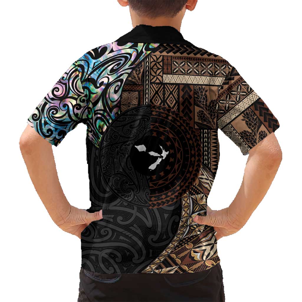 Samoa and New Zealand Together Family Matching Off Shoulder Maxi Dress and Hawaiian Shirt Siapo Motif and Maori Paua Shell Pattern LT03 - Polynesian Pride