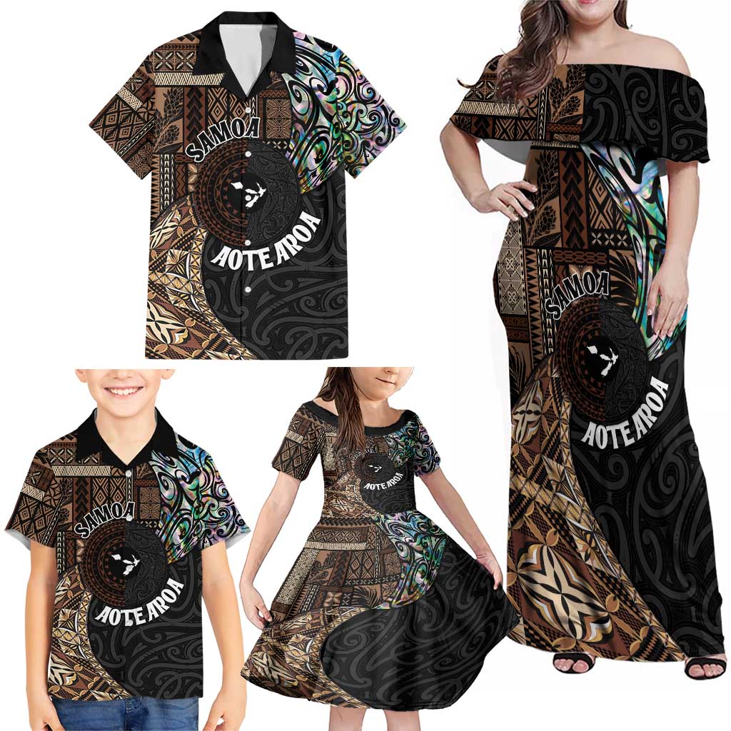 Samoa and New Zealand Together Family Matching Off Shoulder Maxi Dress and Hawaiian Shirt Siapo Motif and Maori Paua Shell Pattern LT03 - Polynesian Pride