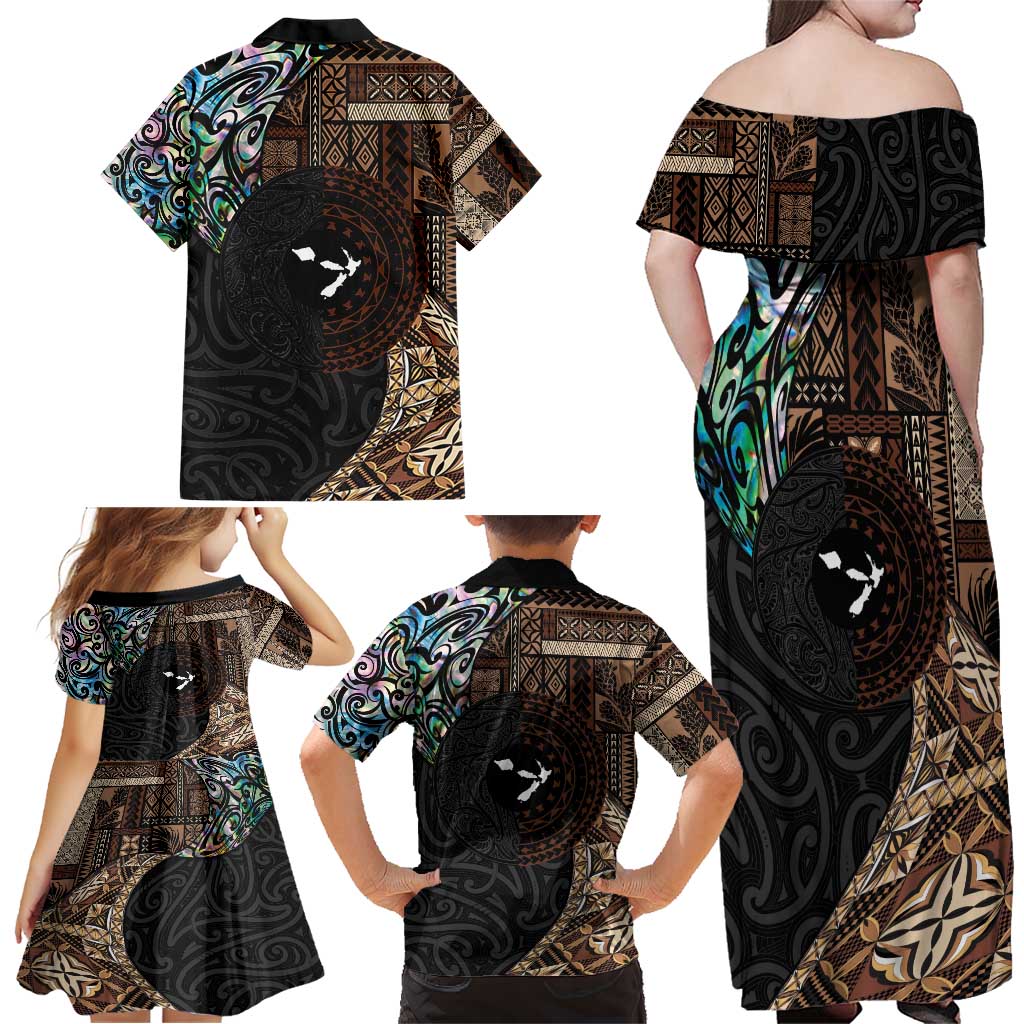 Samoa and New Zealand Together Family Matching Off Shoulder Maxi Dress and Hawaiian Shirt Siapo Motif and Maori Paua Shell Pattern LT03 - Polynesian Pride