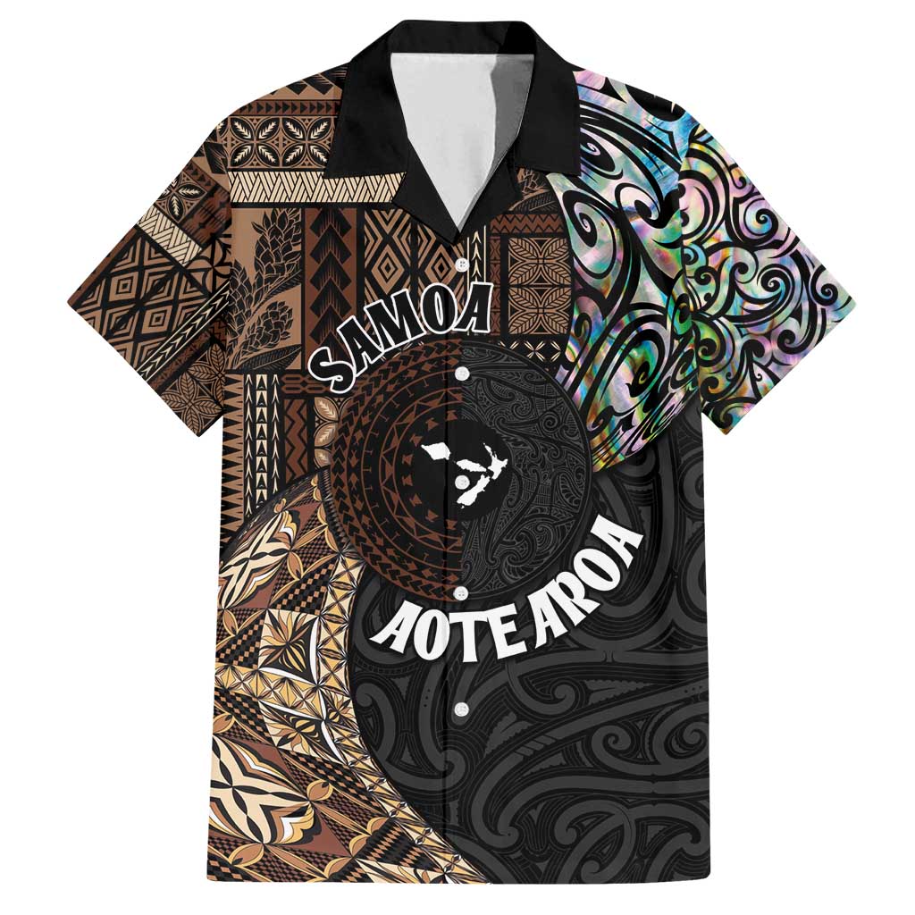 Samoa and New Zealand Together Family Matching Off Shoulder Maxi Dress and Hawaiian Shirt Siapo Motif and Maori Paua Shell Pattern LT03 Dad's Shirt - Short Sleeve Black - Polynesian Pride