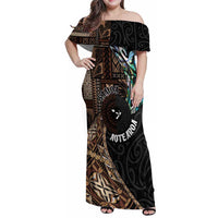 Samoa and New Zealand Together Family Matching Off Shoulder Maxi Dress and Hawaiian Shirt Siapo Motif and Maori Paua Shell Pattern LT03 Mom's Dress Black - Polynesian Pride