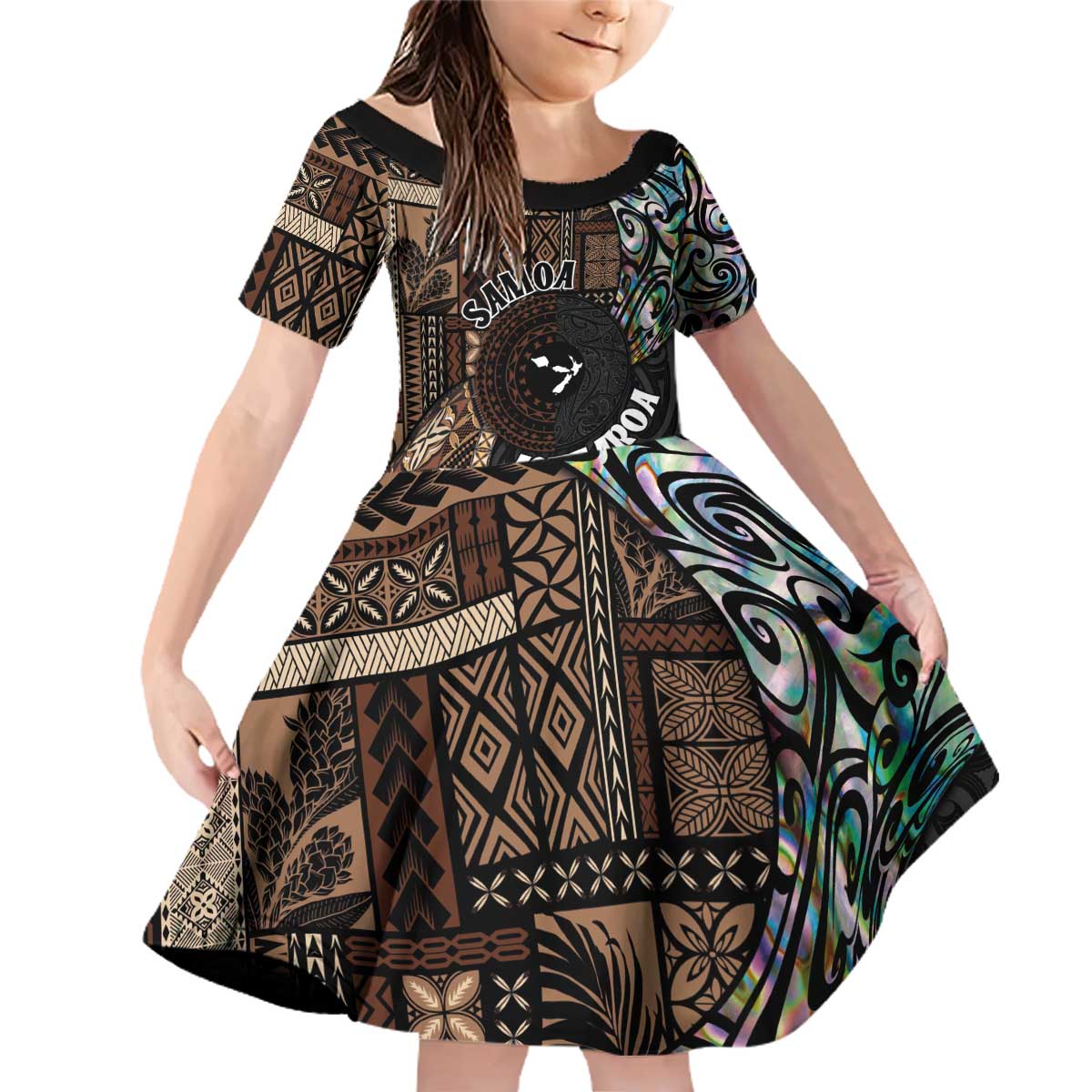 Samoa and New Zealand Together Family Matching Off Shoulder Short Dress and Hawaiian Shirt Siapo Motif and Maori Paua Shell Pattern LT03 Daughter's Dress Black - Polynesian Pride