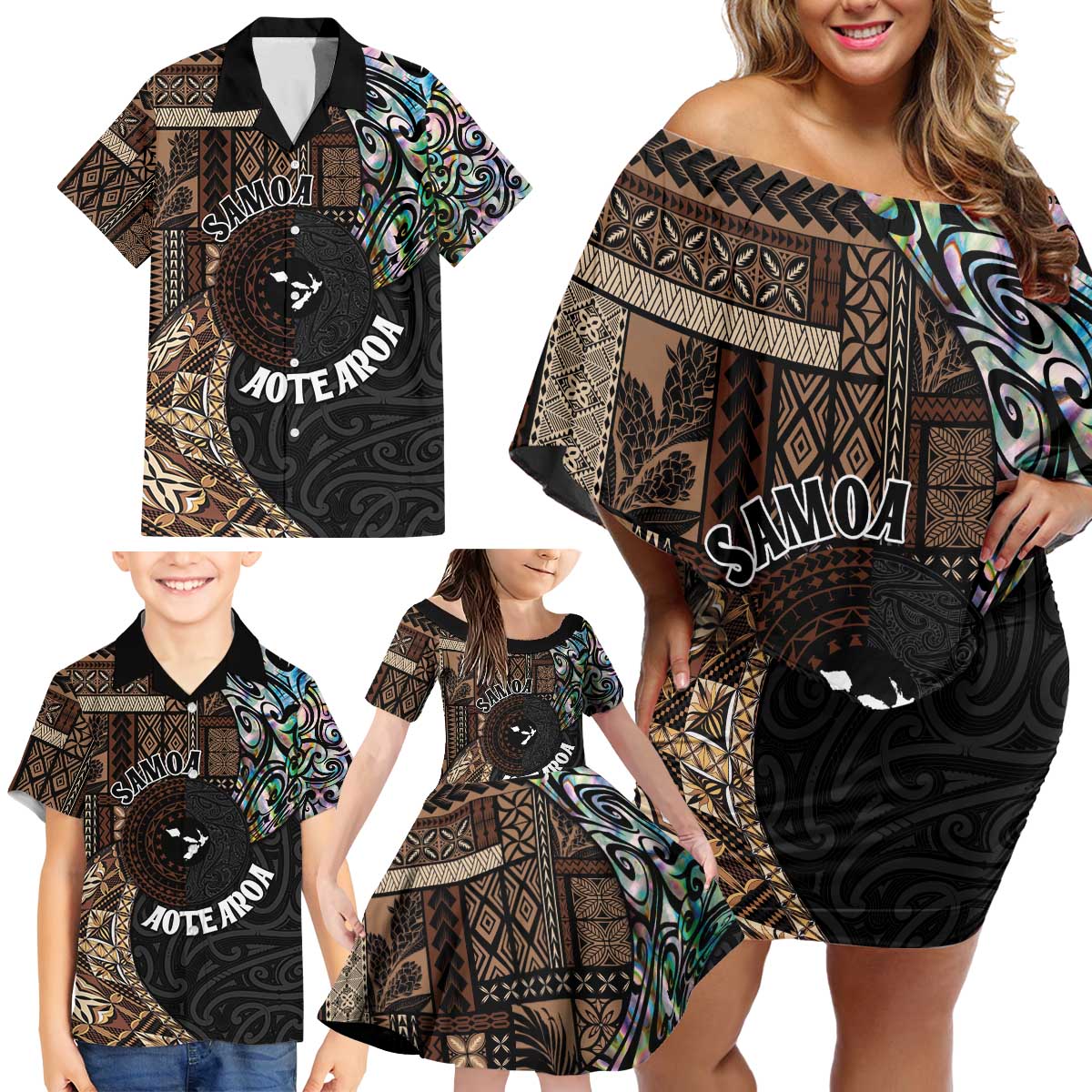 Samoa and New Zealand Together Family Matching Off Shoulder Short Dress and Hawaiian Shirt Siapo Motif and Maori Paua Shell Pattern LT03 - Polynesian Pride