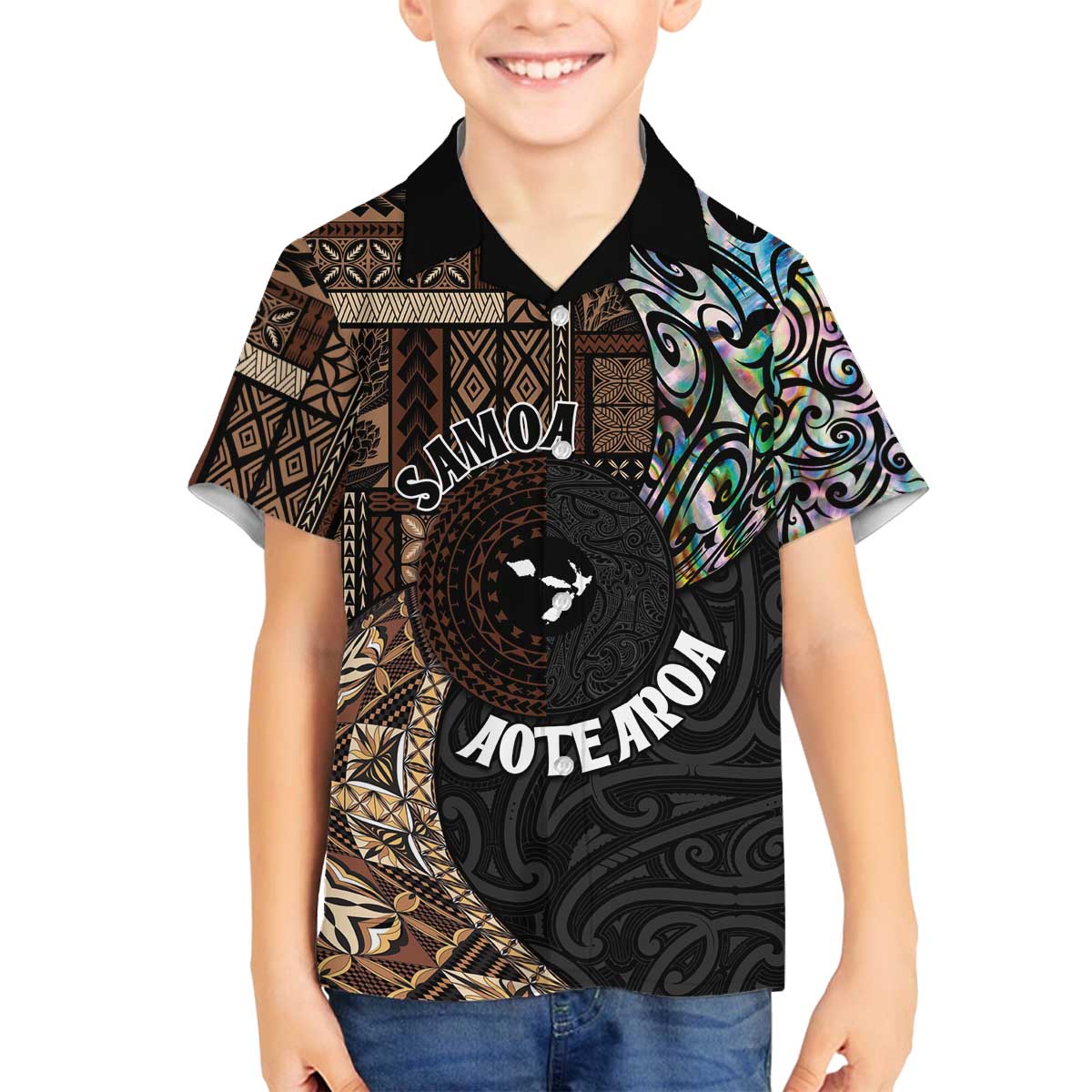 Samoa and New Zealand Together Family Matching Off Shoulder Short Dress and Hawaiian Shirt Siapo Motif and Maori Paua Shell Pattern LT03 Son's Shirt Black - Polynesian Pride