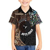 Samoa and New Zealand Together Family Matching Off Shoulder Short Dress and Hawaiian Shirt Siapo Motif and Maori Paua Shell Pattern LT03 Son's Shirt Black - Polynesian Pride