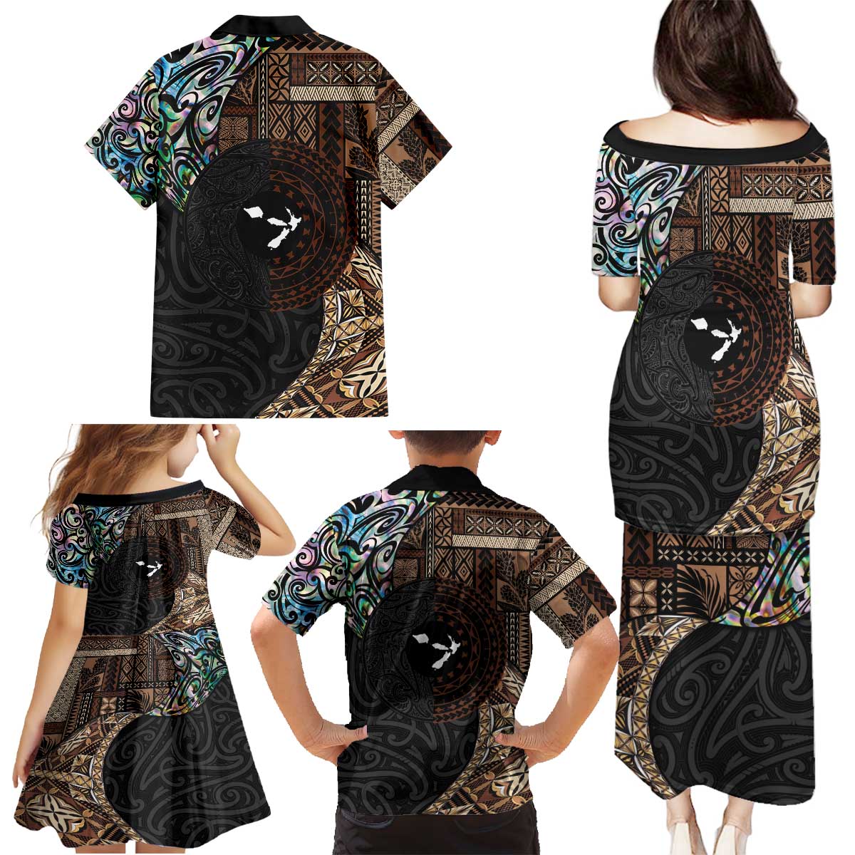 Samoa and New Zealand Together Family Matching Puletasi and Hawaiian Shirt Siapo Motif and Maori Paua Shell Pattern LT03 - Polynesian Pride