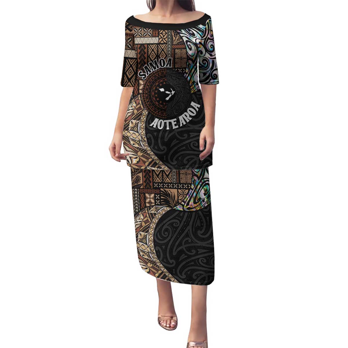 Samoa and New Zealand Together Family Matching Puletasi and Hawaiian Shirt Siapo Motif and Maori Paua Shell Pattern LT03 Mom's Dress Black - Polynesian Pride