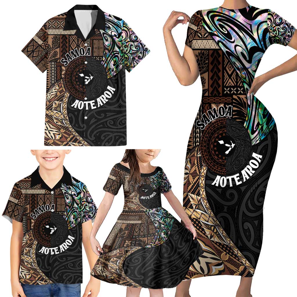 Samoa and New Zealand Together Family Matching Short Sleeve Bodycon Dress and Hawaiian Shirt Siapo Motif and Maori Paua Shell Pattern LT03 - Polynesian Pride