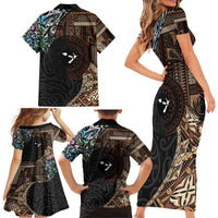 Samoa and New Zealand Together Family Matching Short Sleeve Bodycon Dress and Hawaiian Shirt Siapo Motif and Maori Paua Shell Pattern LT03 - Polynesian Pride