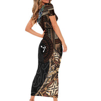 Samoa and New Zealand Together Family Matching Short Sleeve Bodycon Dress and Hawaiian Shirt Siapo Motif and Maori Paua Shell Pattern LT03 - Polynesian Pride