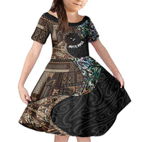 Samoa and New Zealand Together Family Matching Summer Maxi Dress and Hawaiian Shirt Siapo Motif and Maori Paua Shell Pattern LT03 Daughter's Dress Black - Polynesian Pride