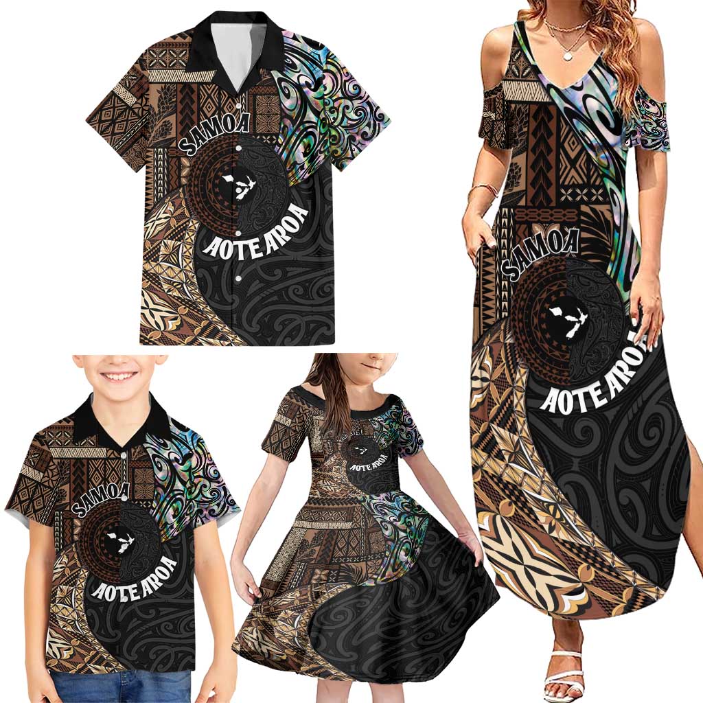 Samoa and New Zealand Together Family Matching Summer Maxi Dress and Hawaiian Shirt Siapo Motif and Maori Paua Shell Pattern LT03 - Polynesian Pride