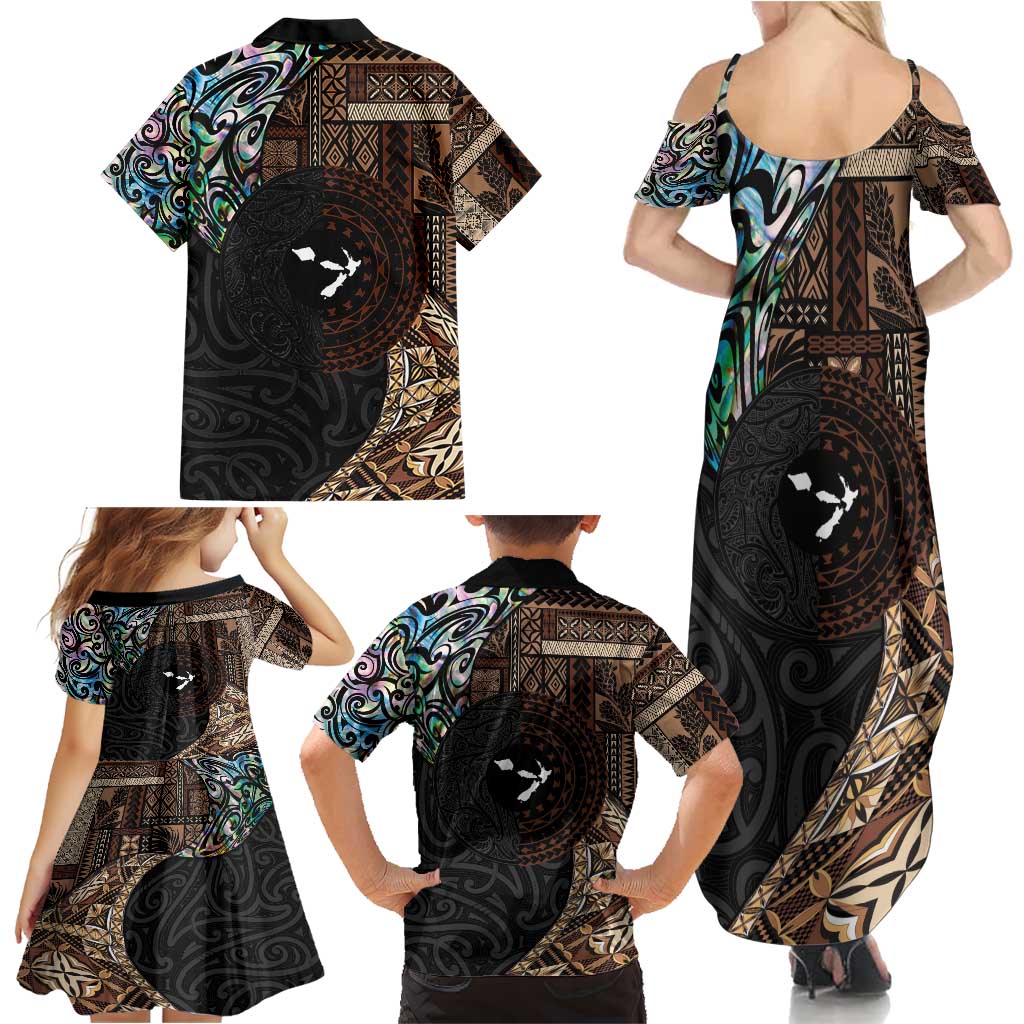 Samoa and New Zealand Together Family Matching Summer Maxi Dress and Hawaiian Shirt Siapo Motif and Maori Paua Shell Pattern LT03 - Polynesian Pride