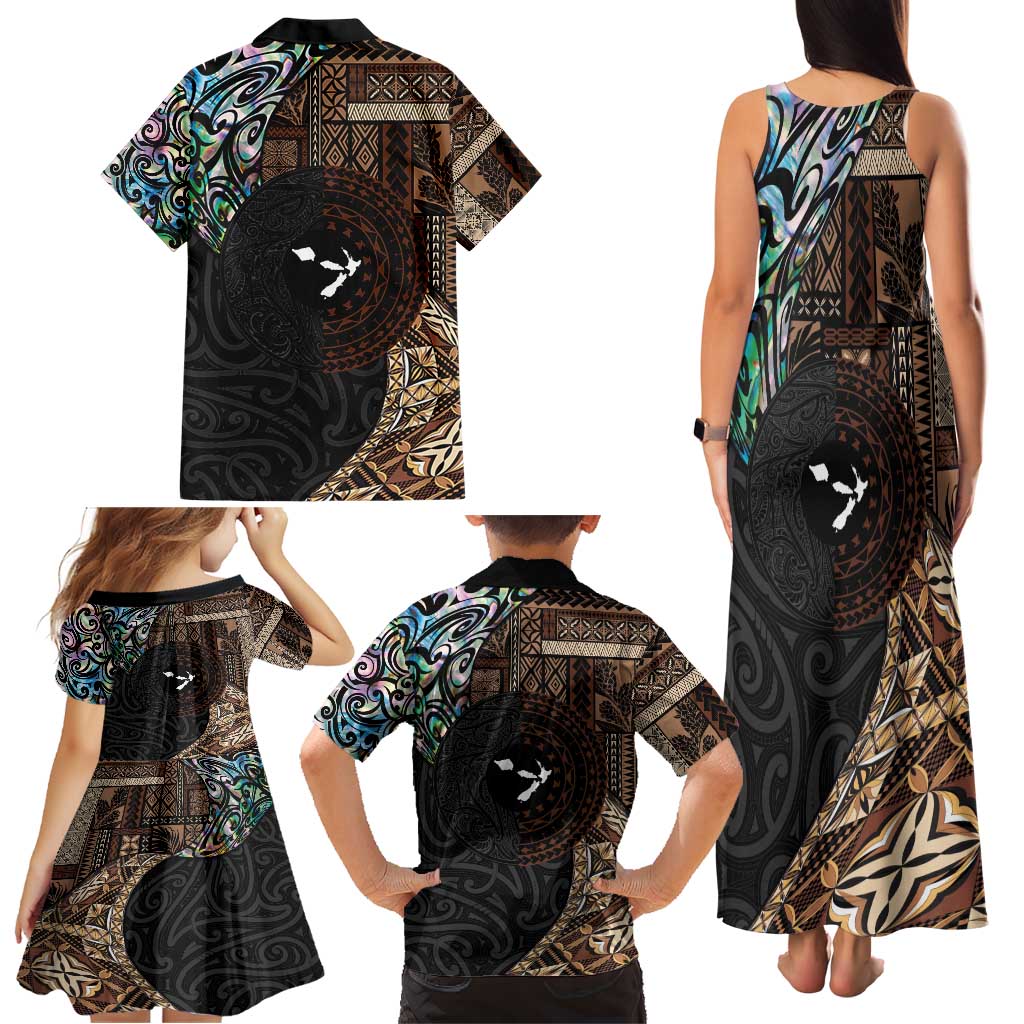 Samoa and New Zealand Together Family Matching Tank Maxi Dress and Hawaiian Shirt Siapo Motif and Maori Paua Shell Pattern LT03 - Polynesian Pride