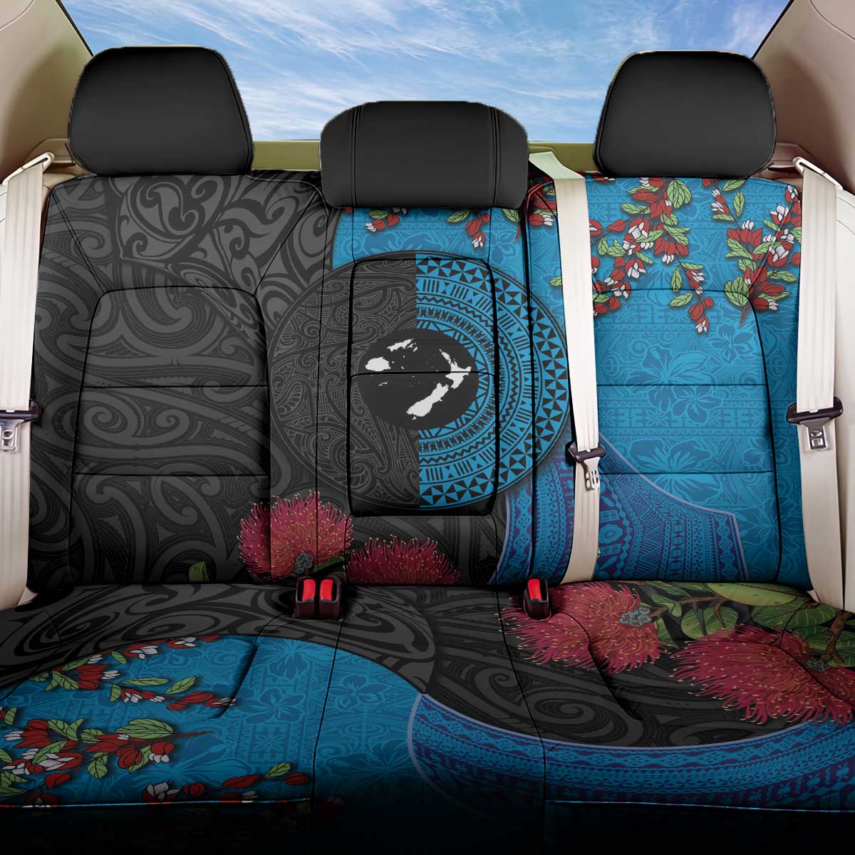 Fiji and New Zealand Together Back Car Seat Cover Tapa Maori Tattoo mix Tagimoucia and Pohutukawa LT03 One Size Black - Polynesian Pride