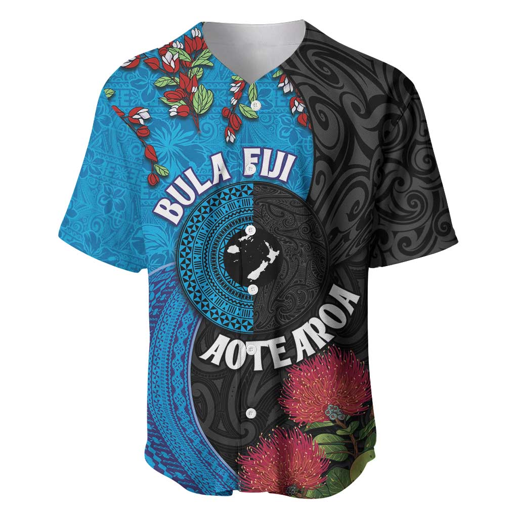 Fiji and New Zealand Together Baseball Jersey Tapa Maori Tattoo mix Tagimoucia and Pohutukawa LT03 Black - Polynesian Pride