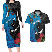 Fiji and New Zealand Together Couples Matching Long Sleeve Bodycon Dress and Hawaiian Shirt Tapa Maori Tattoo mix Tagimoucia and Pohutukawa LT03 Black - Polynesian Pride