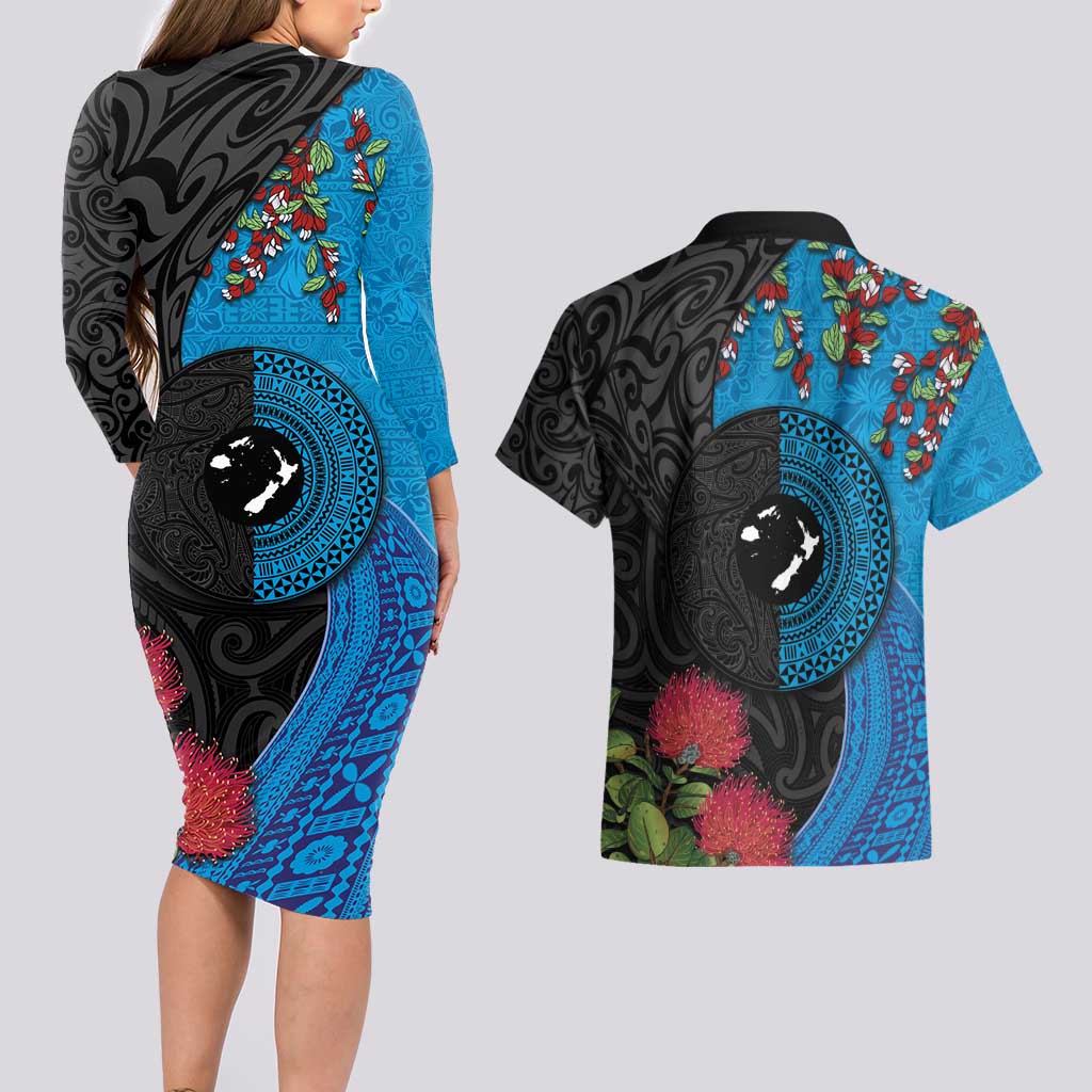 Fiji and New Zealand Together Couples Matching Long Sleeve Bodycon Dress and Hawaiian Shirt Tapa Maori Tattoo mix Tagimoucia and Pohutukawa LT03 - Polynesian Pride