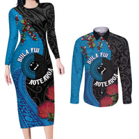 Fiji and New Zealand Together Couples Matching Long Sleeve Bodycon Dress and Long Sleeve Button Shirt Tapa Maori Tattoo mix Tagimoucia and Pohutukawa LT03 Black - Polynesian Pride