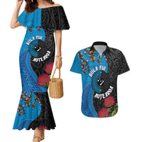 Fiji and New Zealand Together Couples Matching Mermaid Dress and Hawaiian Shirt Tapa Maori Tattoo mix Tagimoucia and Pohutukawa LT03 Black - Polynesian Pride