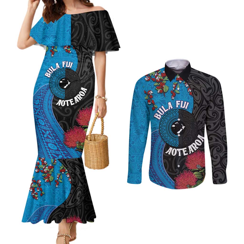 Fiji and New Zealand Together Couples Matching Mermaid Dress and Long Sleeve Button Shirt Tapa Maori Tattoo mix Tagimoucia and Pohutukawa LT03 Black - Polynesian Pride