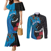 Fiji and New Zealand Together Couples Matching Mermaid Dress and Long Sleeve Button Shirt Tapa Maori Tattoo mix Tagimoucia and Pohutukawa LT03 Black - Polynesian Pride