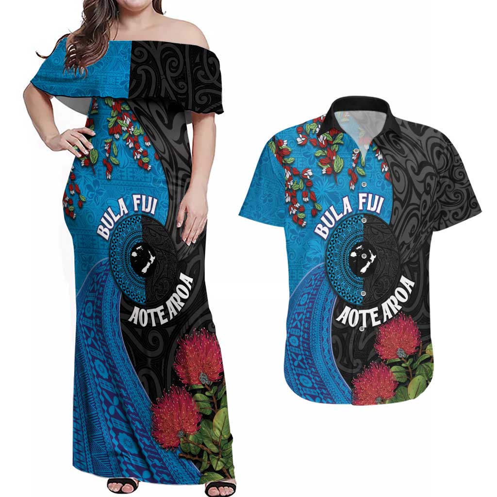 Fiji and New Zealand Together Couples Matching Off Shoulder Maxi Dress and Hawaiian Shirt Tapa Maori Tattoo mix Tagimoucia and Pohutukawa LT03 Black - Polynesian Pride
