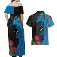 Fiji and New Zealand Together Couples Matching Off Shoulder Maxi Dress and Hawaiian Shirt Tapa Maori Tattoo mix Tagimoucia and Pohutukawa LT03 - Polynesian Pride