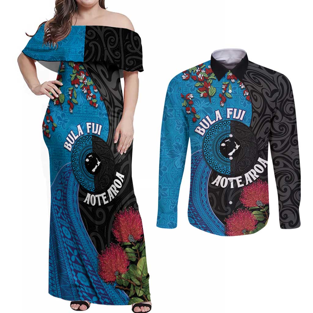 Fiji and New Zealand Together Couples Matching Off Shoulder Maxi Dress and Long Sleeve Button Shirt Tapa Maori Tattoo mix Tagimoucia and Pohutukawa LT03 Black - Polynesian Pride